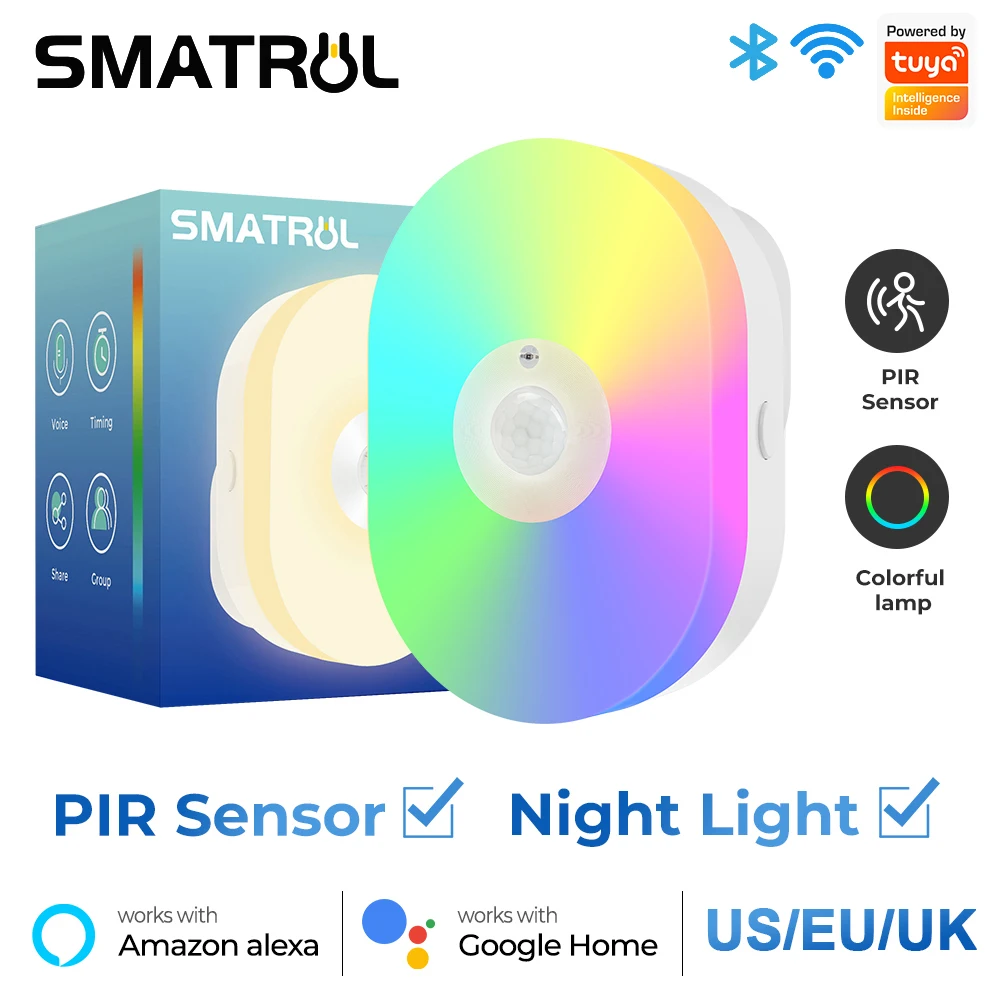 Tuya WiFi Smart Led Night Light PIR Датчик движения Eu Us Uk Plug In Wall Lamp Теплый белый RGB Room App Voice для Alexa Google Home