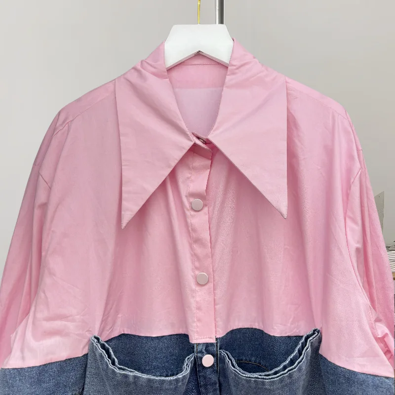 

Ранняя весна, новая лоскутная джинсовая рубашка с длинными рукавами, утягивающая блузка с бантом и украшением