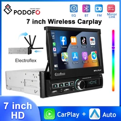 Podofo 7'' IPS Touch Screen Car Radio Carplay Android Auto USB Charging FM/RDS BT EQ USB Automatic Retractable Screen Car Stereo