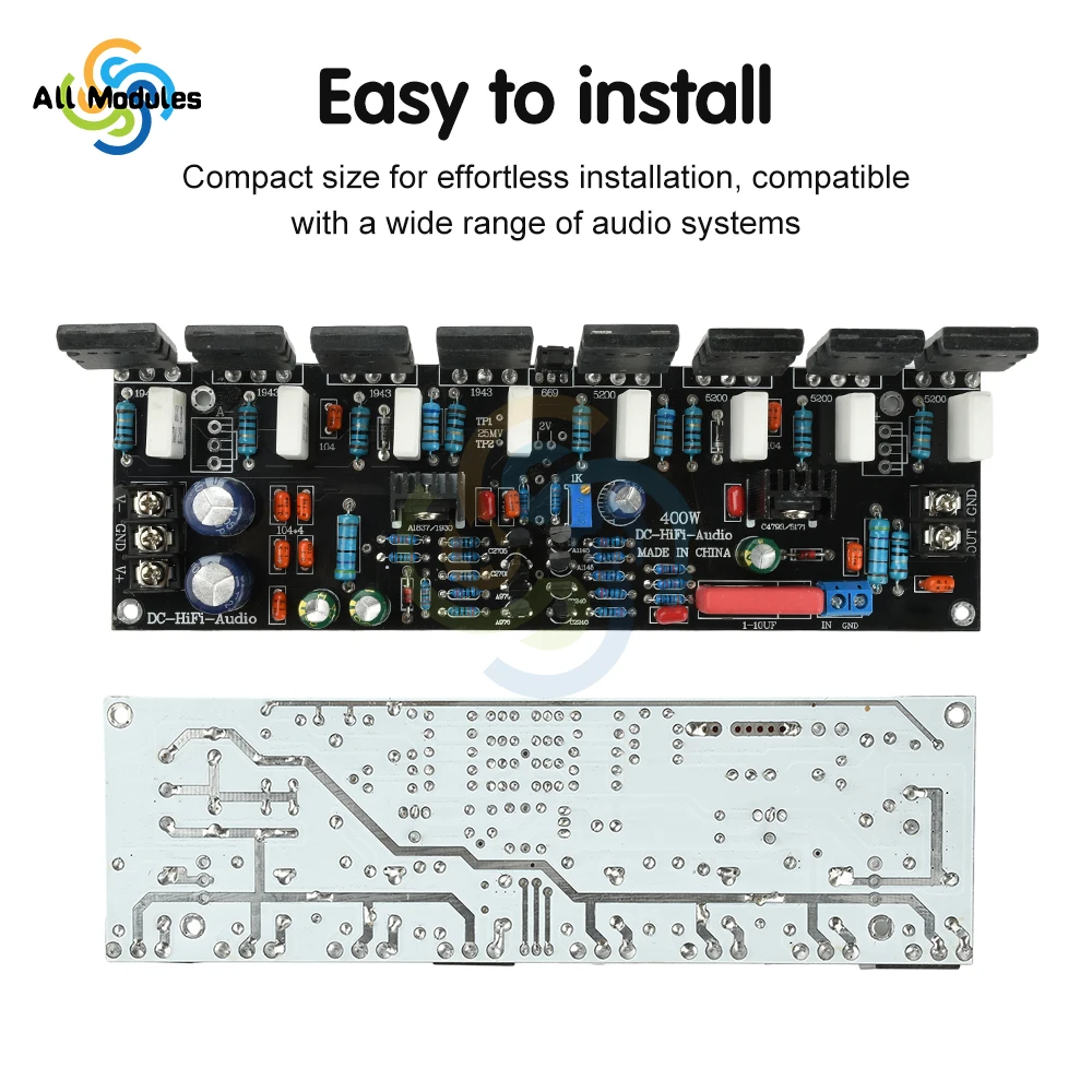 

DC 20V-90V Upgraded 400W Single Channel Power Amplifier 1943+5200 Transistor High Power Audio Amp Module