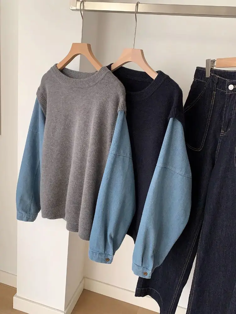 

Grey Fake Two Sweater Women's Autumn Winter New Popular Denim Patchwork European Lazy Thick Knit Sweater Minimalist Casual Top