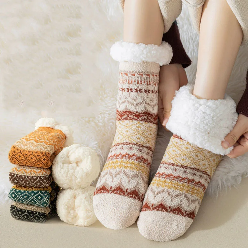 

Lamb Wool Thermal Floor Socks Female Autumn Winter Thicken Plush Knitted Long Socks Women Vintage Non-slip Silicone Home Socks