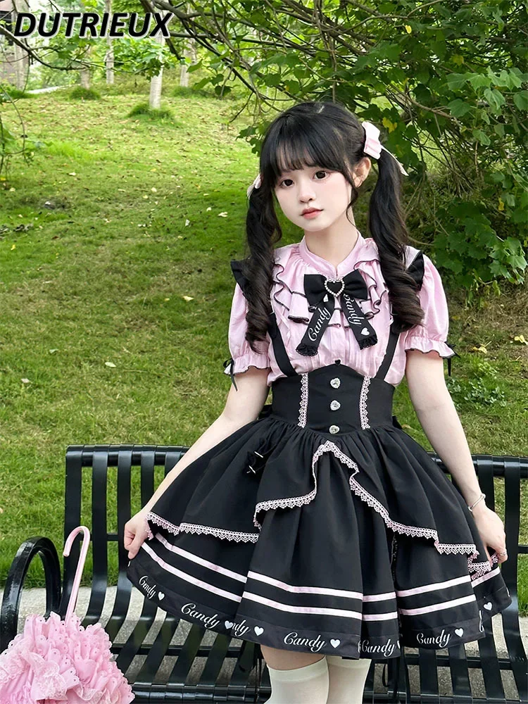 Summer Sweet Girl Suit Suspender Skirt and Short-Sleeved Pink Single-Breasted Shirt Slim Fit Versatile Top Two-Piece Set
