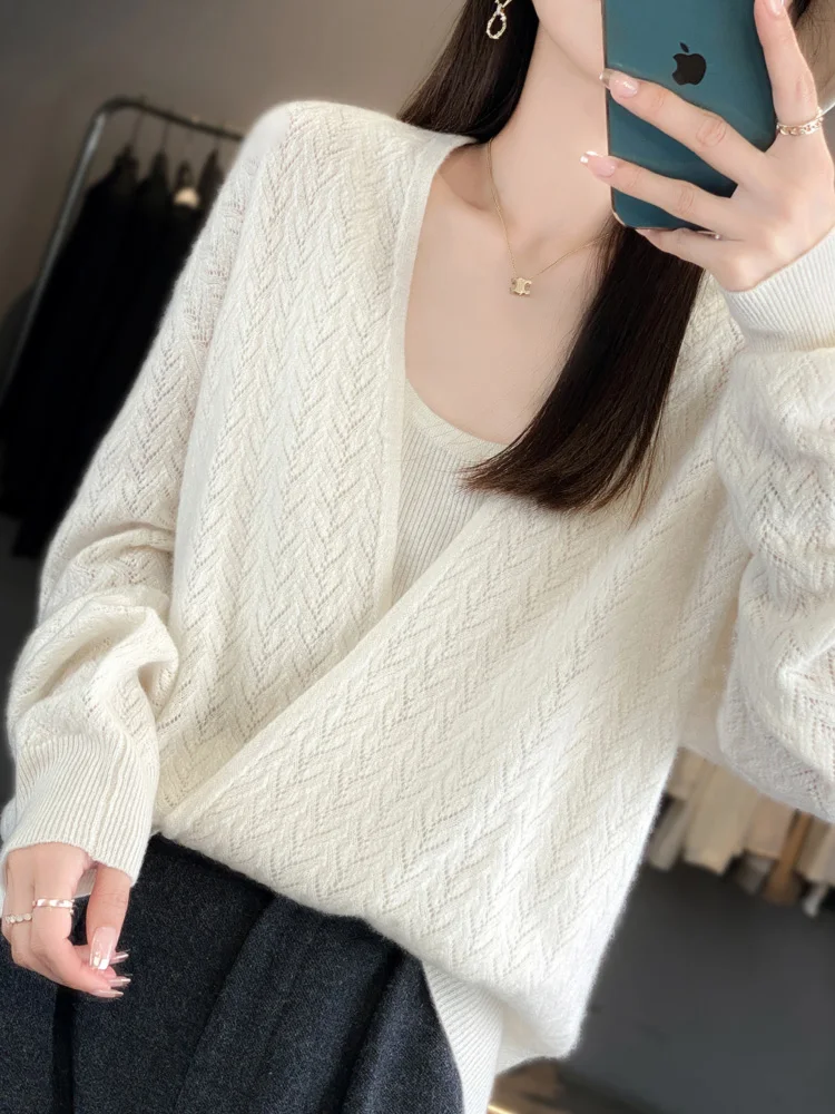 Hollow Out Cashmere Sweater 100% Merino Wool Knitwear Spring Autumn Women V-neck Pullover Office Lady Elegant Soft Comfort Tops