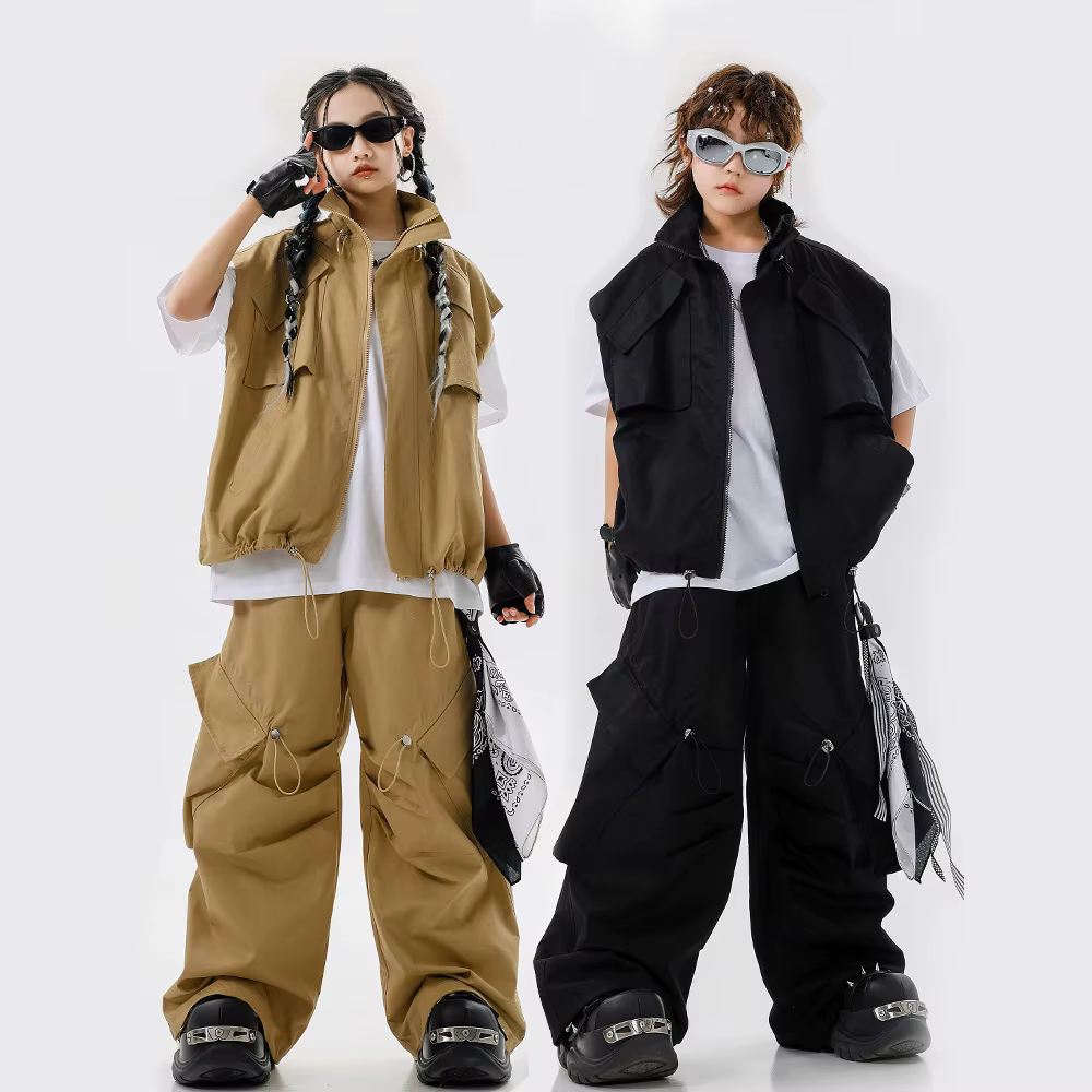 

Children Boys Girls Streetwear Hip Hop Loose Casual Cargo Vest Pant Sets Sleeveless Jacket Trouser Tracksuits Stage Show Clothes