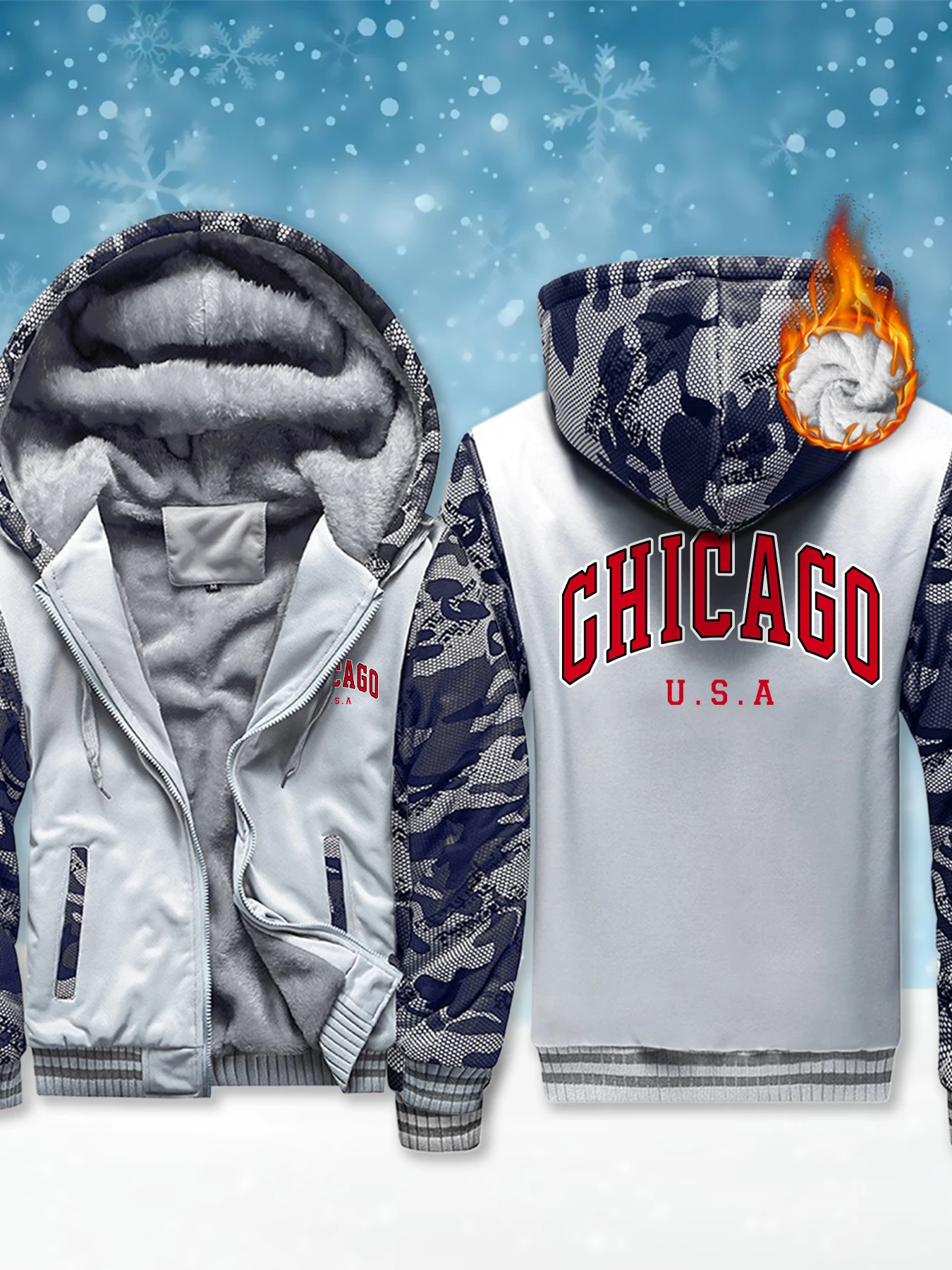 

Chicago USA Words Prints Mans Coat Zipper Thick Hoodie Casual Soft Jackets Warm High Quality Outdoor Jacket Winter Fashion Coats