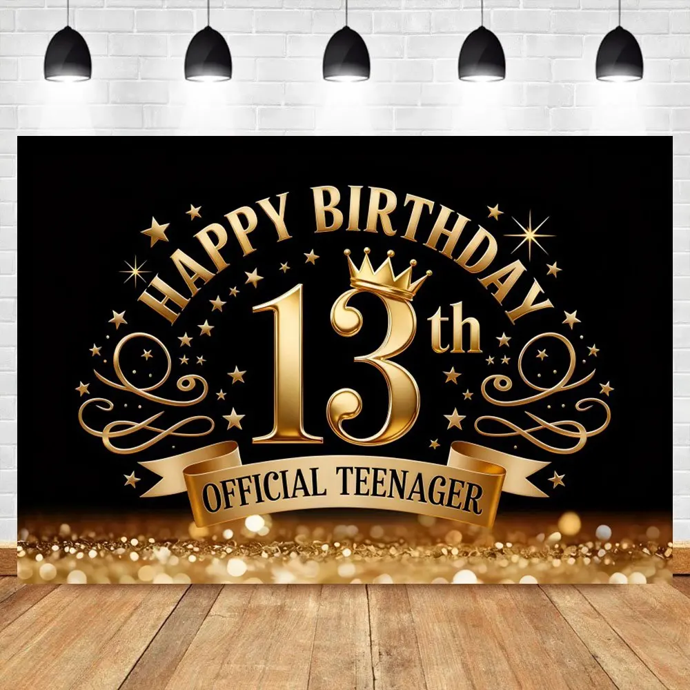 13th Birthday Backdrop for Boys Girls 13 Years Old Official Teenager Party Decor Black Gold Balloons Photography Background