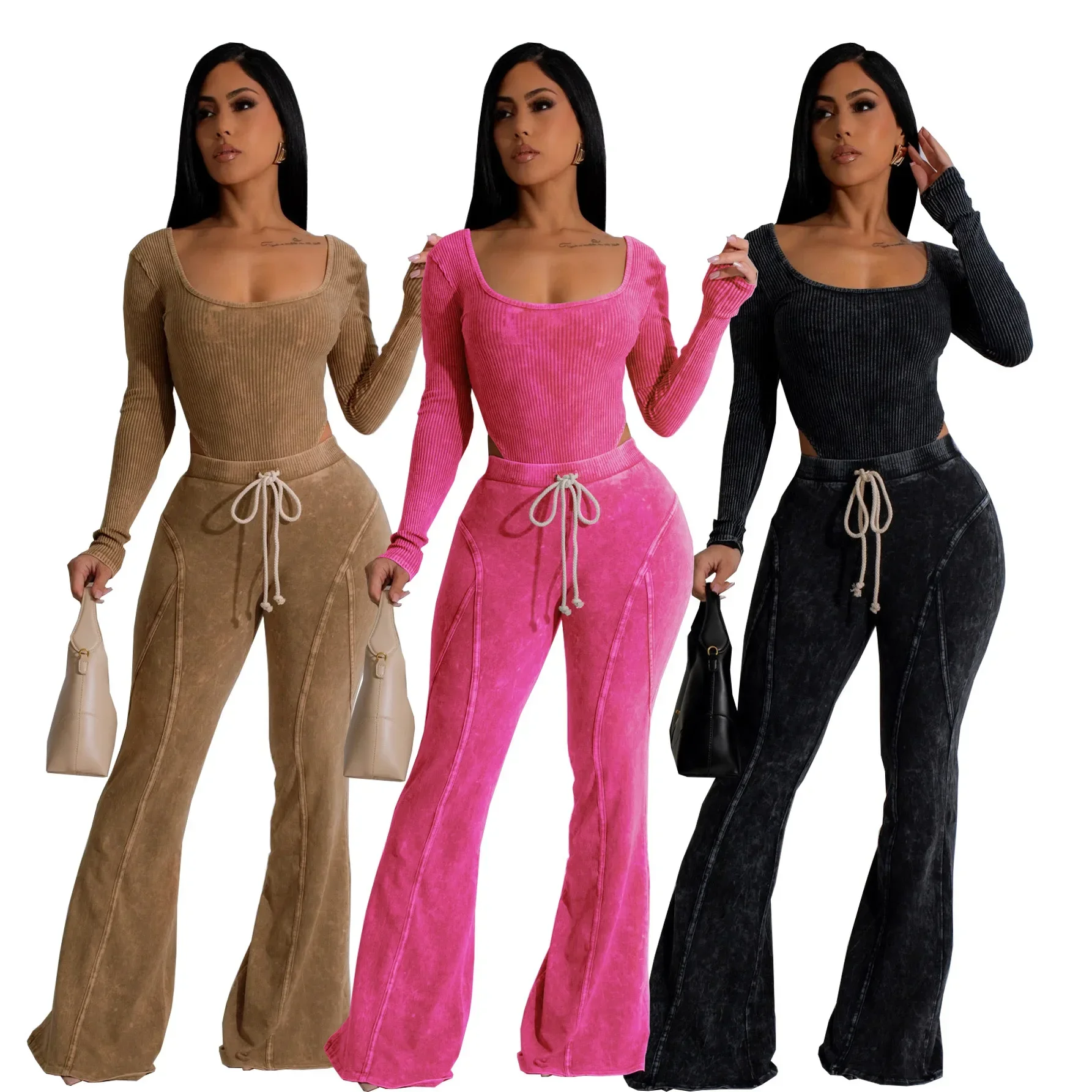 

Fashion Women's Set Washed knitted Long Sleeve O-neck bodysuits +Flare Pants Active Two 2 Piece Set Outfits Tracksuit