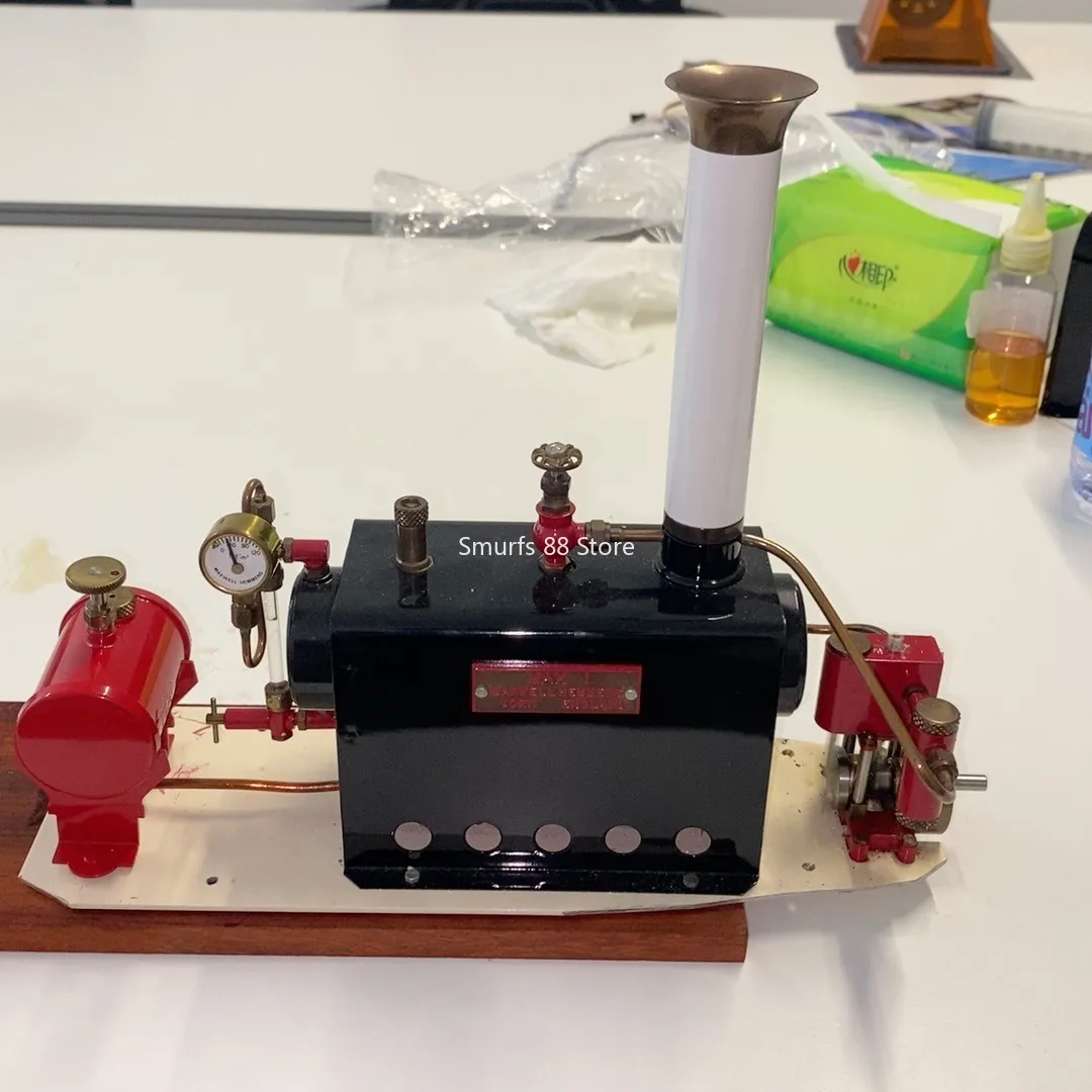Modelo de motor a vapor retrô, caldeira de metal, conjunto completo de motor a vapor, cilindro único com base, válvula de pressão móvel