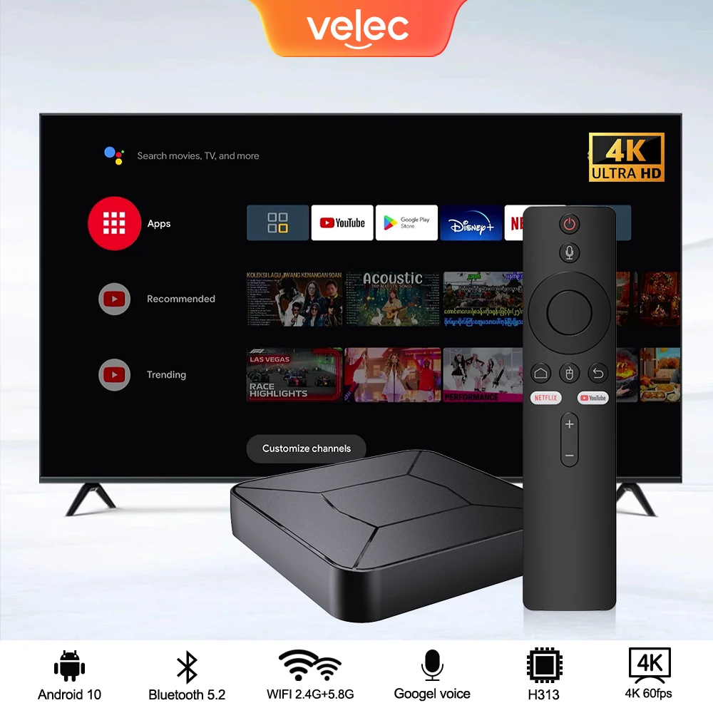 

Velec Smart Android TV Box 4K HDR Allwinner H313 Dual WIFI 2.4&5G BT Voice for Google YouTube Netflix Network Media Player