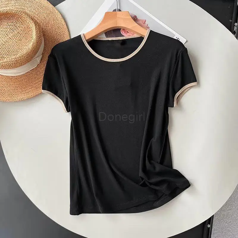 Donegirl 2024 Women Spring Summer New Fashion Short Sleeve Splicing Round Neck T-shirt Commute Versatile Tops Female Chic Tees