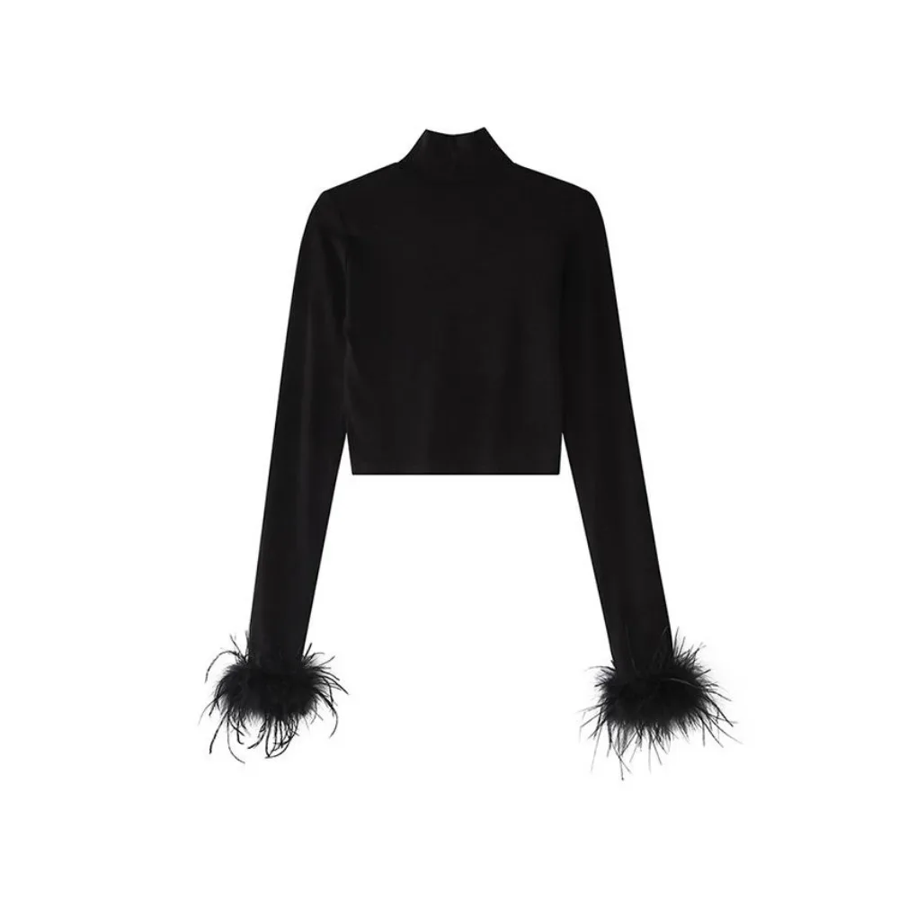 Women\'s Basic Black T-shirts Ladies Turtleneck Crop Tops Fit Skinny Tops Long Sleeve Ostrich Feather Streetwear Outfits