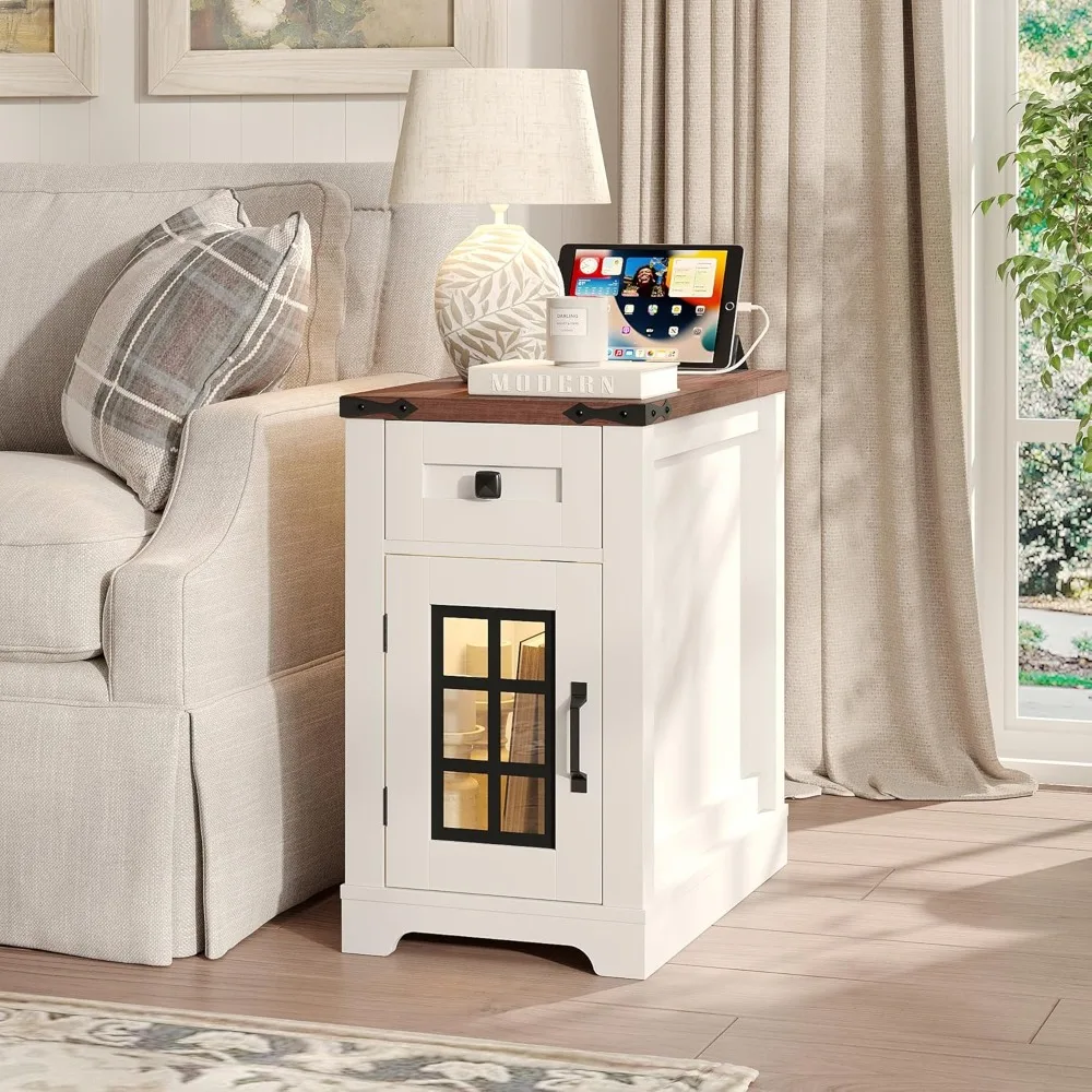 

Rustic Wooden Nightstand with Charging Station and LED Lights, Slim Glass-Top Side Table for Sofa