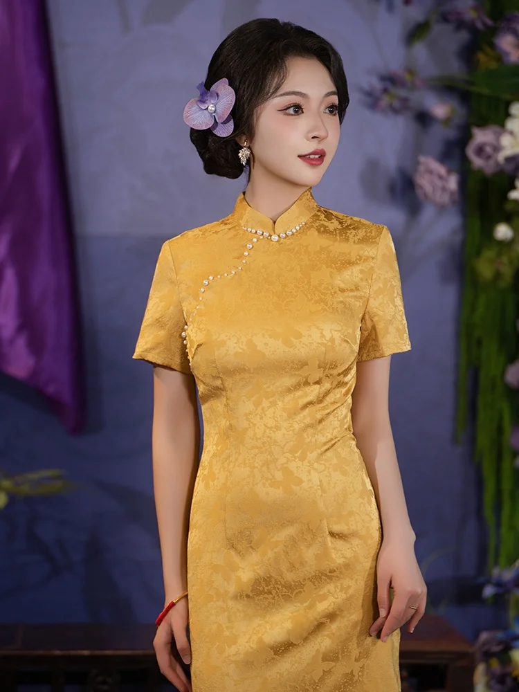 

Желтое традиционное китайское свадебное платье Цинсюй Сонгли для помолвки, дышащая полиэстеровая ткань