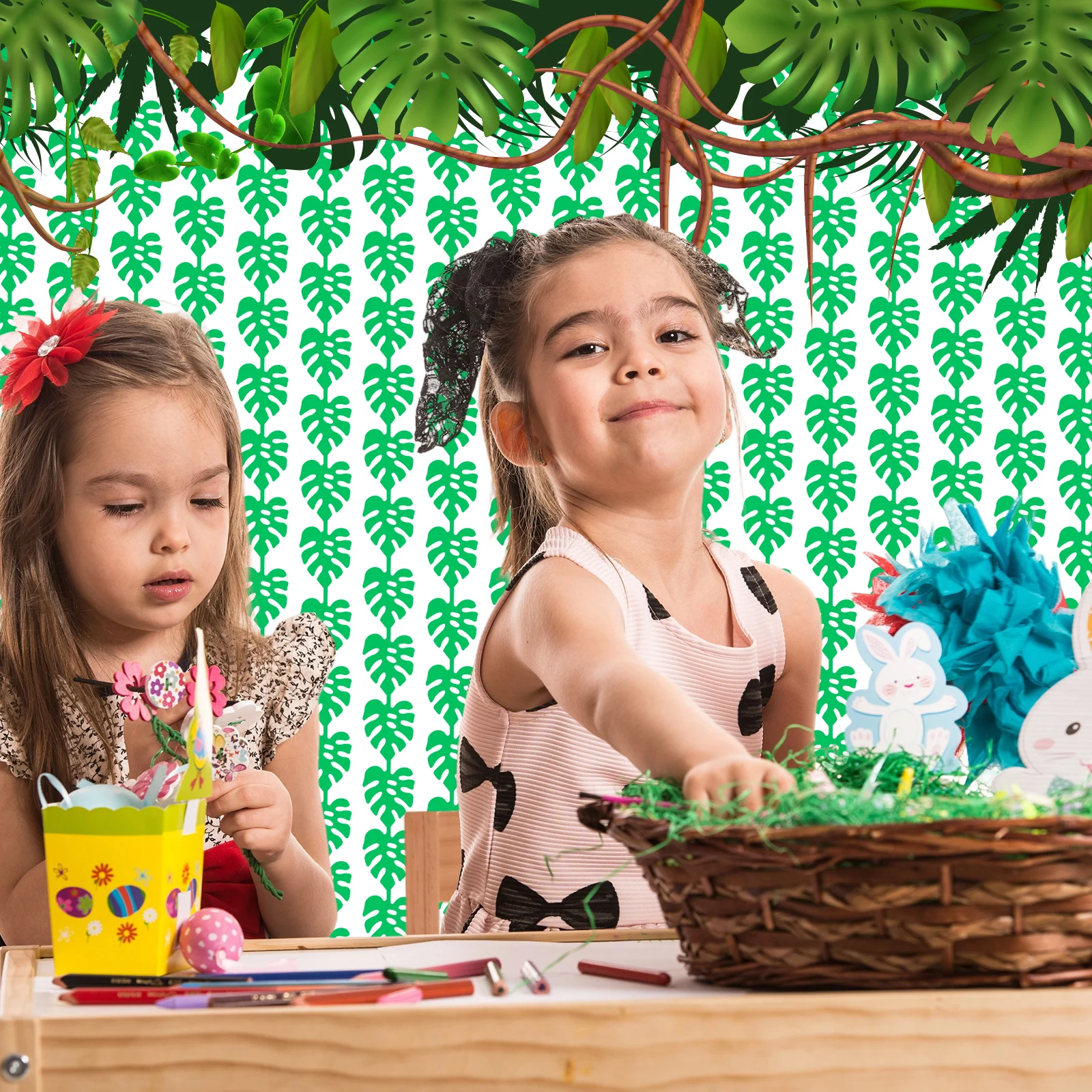 2팩 열대 파티 장식 3.3x6.6피트 녹색 야자수 잎 사진 부스 소품 여름 정글 잎 포일 프린지 커튼 (하와이용)