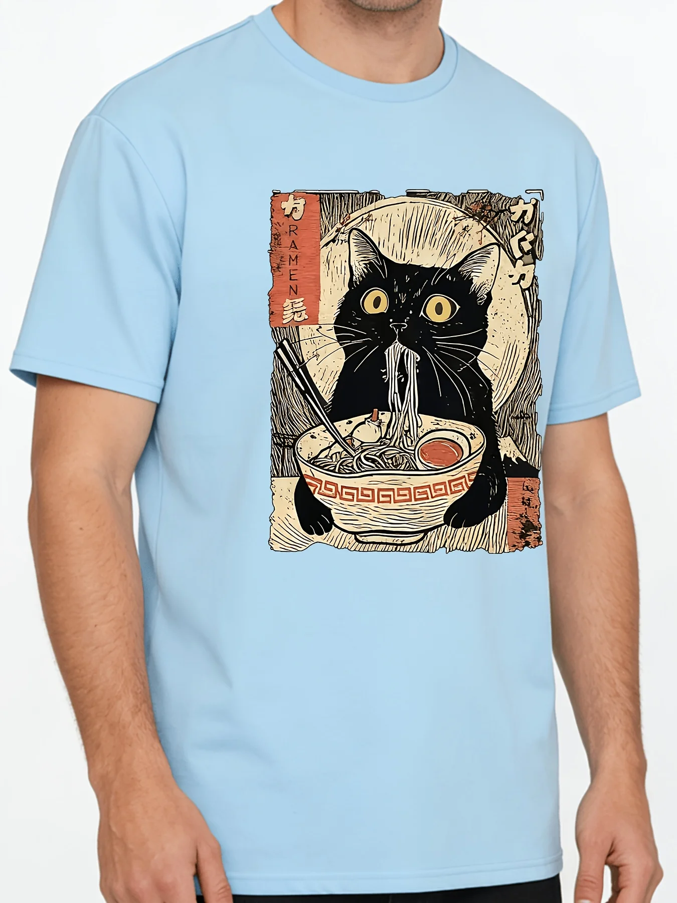 Cute Japanese Style Tee with Black Cat Eating Ramen Retro Poster Print 100% Cotton Men's T-shirt Summer Casual Wear