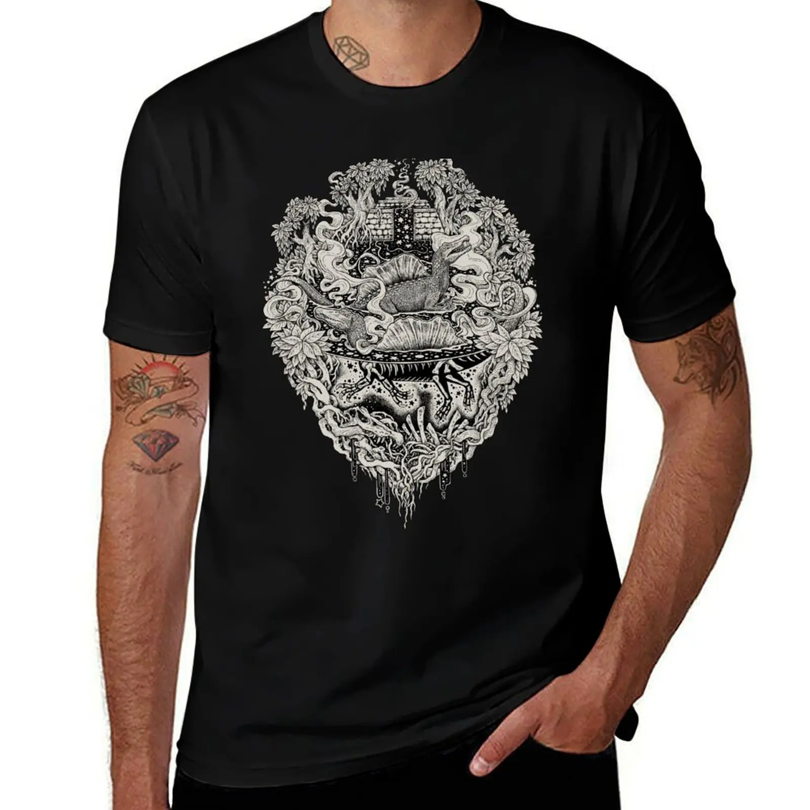 Sunken Temple of the Spinosaurus || Monochrome || Dinosaur Science Fiction Art T-Shirt Plus Size Lightweight Top