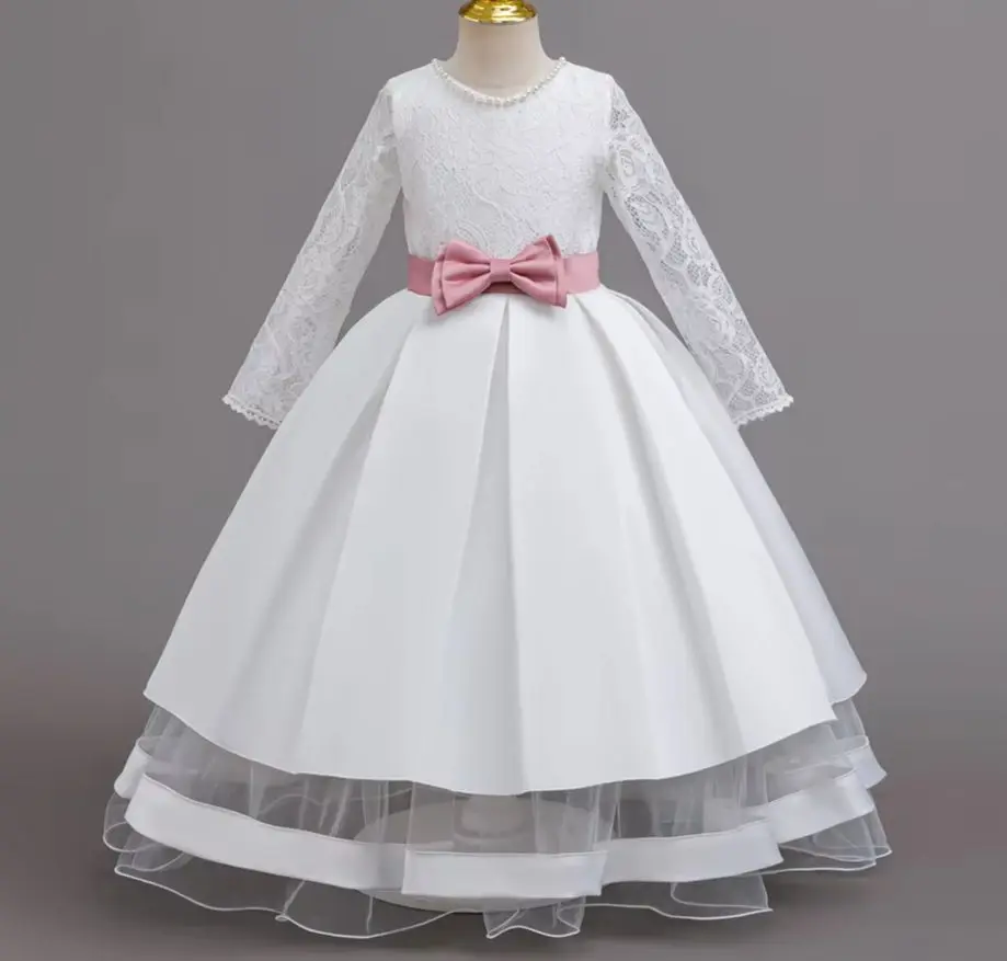 Elegant Long Sleeve Wedding Party Dress for Girls Festival Dress Ceremonial Gown for Ages 5-13