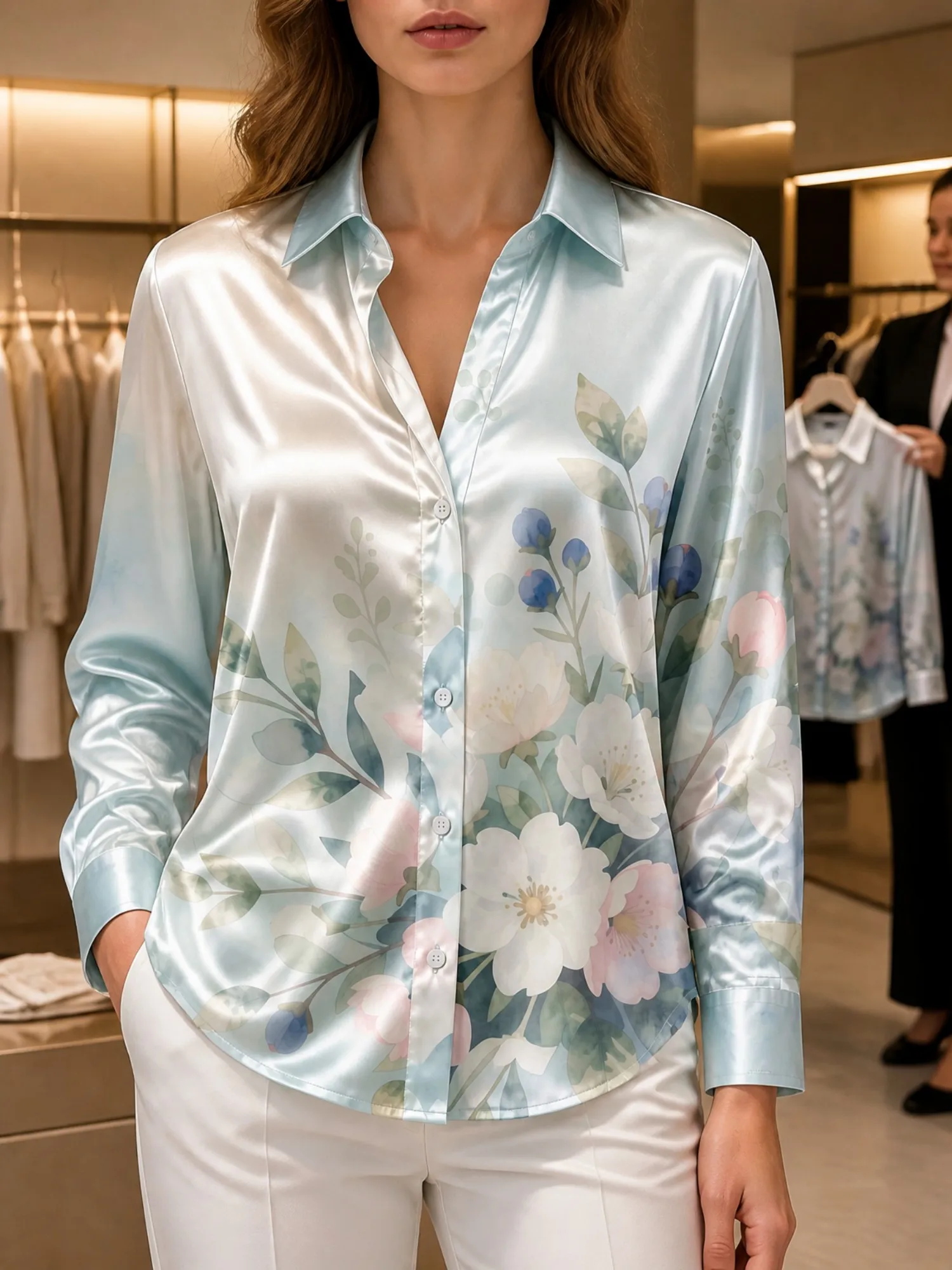 Powder Blue Floral Satin Blouse for Women Long Sleeve Button Down Shirt Boutique Shopping Office Cafe Elegant Silky Top Style US