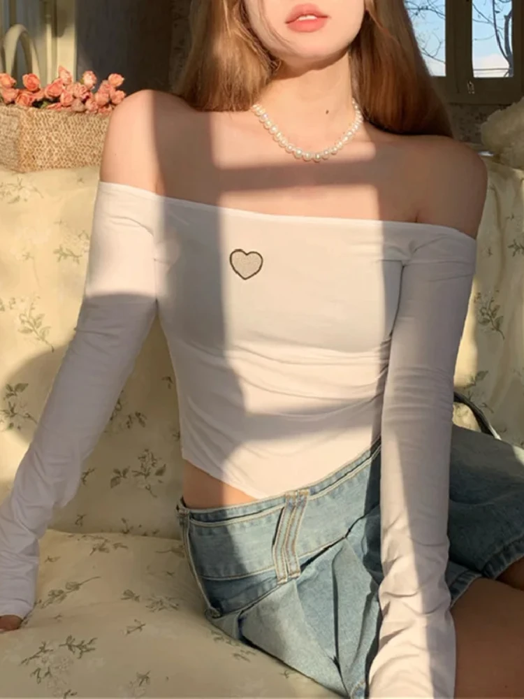 Y2K القوطية القلب الجرافيك قبالة الكتف عارية الذراعين بذلة الجمالية خمر طويلة الأكمام Bodycon القمم المرأة داخلية الشارع الشهير