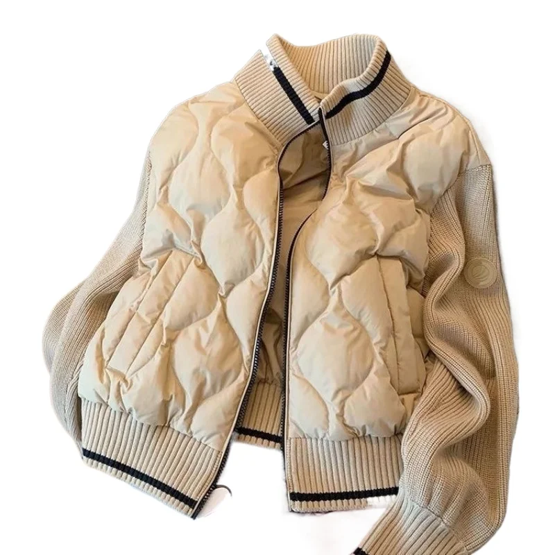 

Stand-up Collar Rhombus Cotton Clothes Women's Autumn Winter New American Retro Knitted Splicing Design Jacket Baseball Clothes