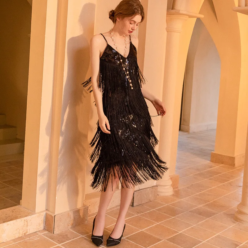 Wedding Bridesmaid Dress Nightclub Black Sequin Dress Hanging Strap 1920s Flapper Great Gatsby Charleston Dance Dress