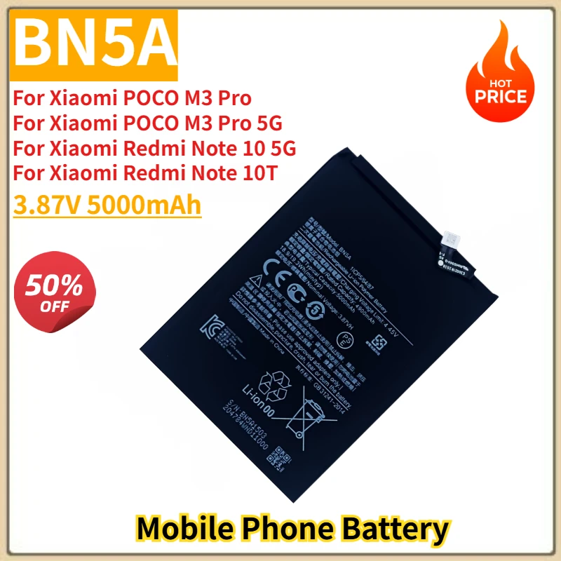 

Новый сменный аккумулятор для мобильного телефона BN5A 3,87 В 5000 мАч для Xiaomi POCO Mi3 Pro Mi 3 Pro/Redmi 10/Redmi Note 10 (5G)