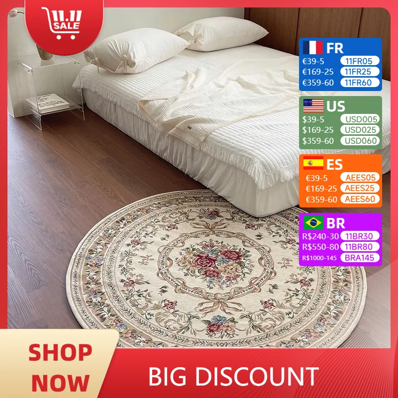 

Living Room Carpets Vintage Art Floral Soft Bedroom Bedside Rug Light Luxury Round Fluffy Coffee Table Floor Mat Alfombra 거실 카펫