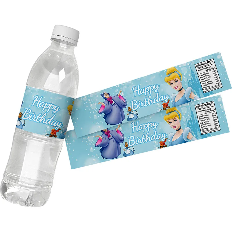 6pcs Disney Princess Cinderella Theme Birthday Party Decor Stickers Custom Mineral Water Bottle Labels Kids Baby Shower Supplies