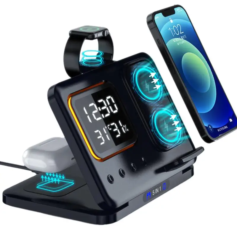 

15W Wireless Charging Station Electronic Clock Thermometer Multi-functional Charger For IPhone SamsungXiaomi Smartphone Watch