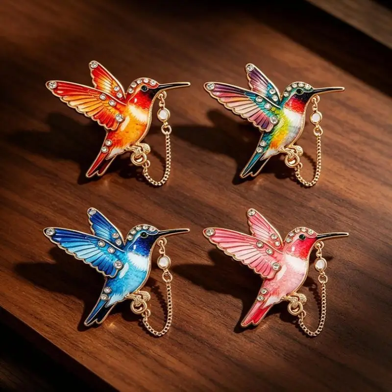 Ketten-Broschen mit Kolibri-Motiv für Damen und Herren, 4-farbiger Emaille-Strass, wunderschöner Vogel, Tier, Party, Freizeit-Brosche – Detail 5