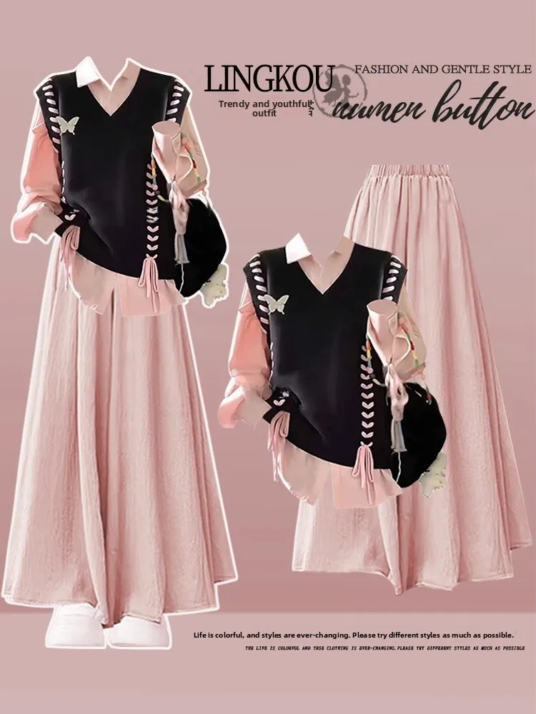 

Spring Casual Knitted Vest Pink irt Wide Leg Pants Tee Piece Set Women's Faion Design plus Size Ensemble Long Sve Po...