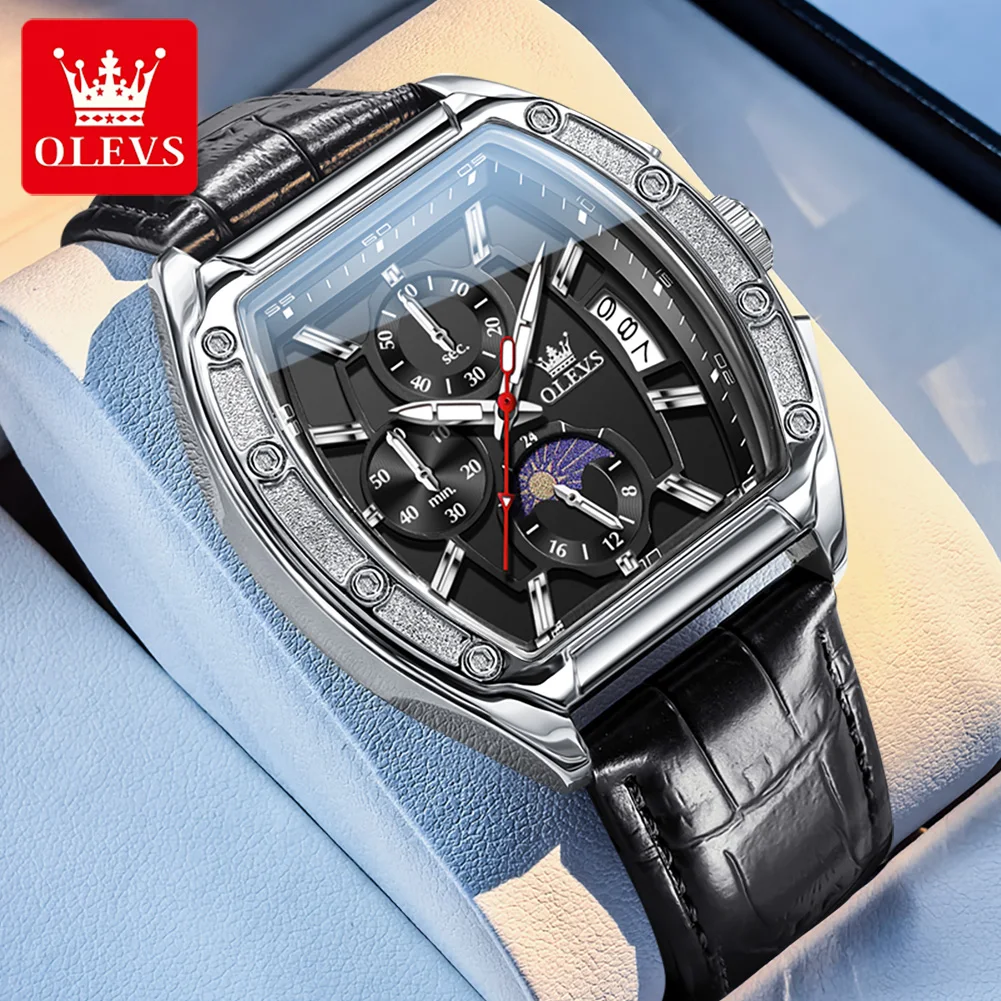 

OLEVS Men's Watches Top Brand Luxury Fashion Tonneau Dial Original Quartz Wristwatch Moon Phase Date Waterproof Luminous Date