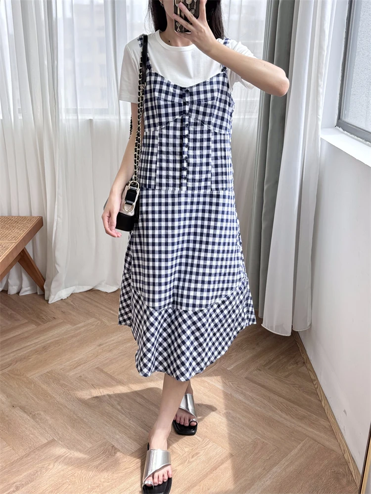 Neue 2024 Sommer Frauen süßes Mädchen Plaid Maxi kleid ärmellose A-Linie locker sitzen elegante High Street Chic atember aubende Modedesign