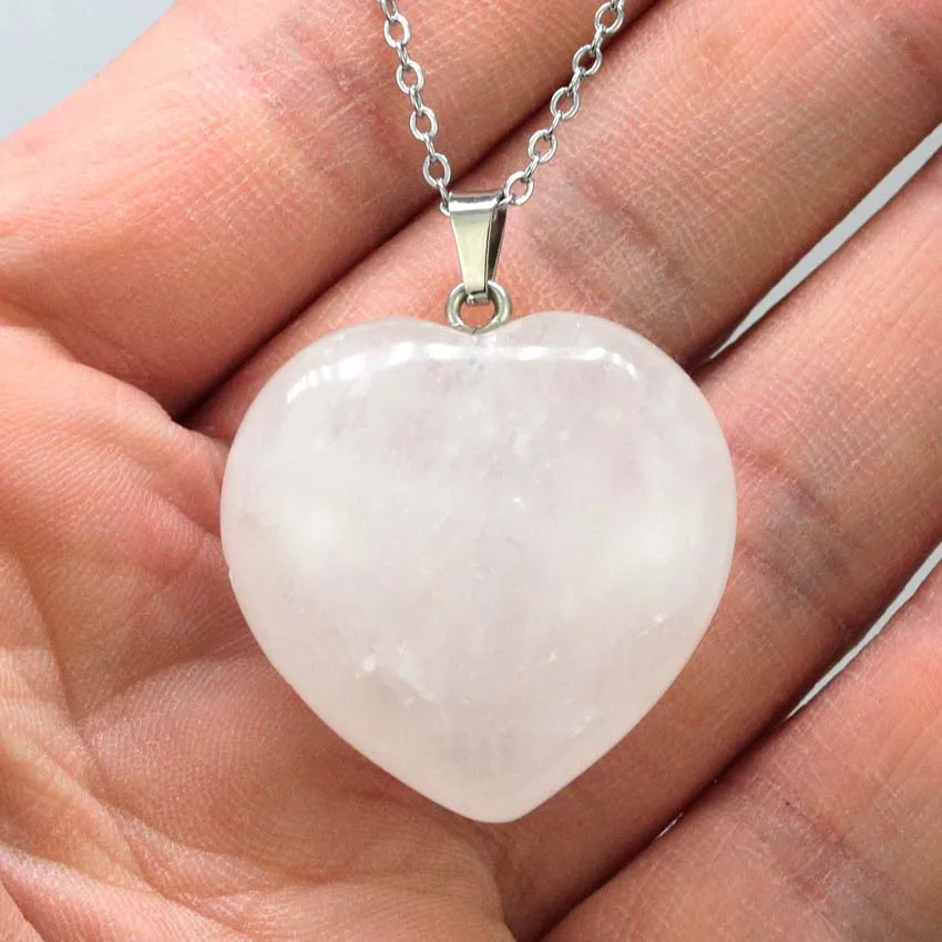 30x30mm Lovely Heart Stone Pendant Natural Crystal Rose Quartz Amethyst Rhodonite Lapis Lazuli Pendant Necklace Women Jewelry