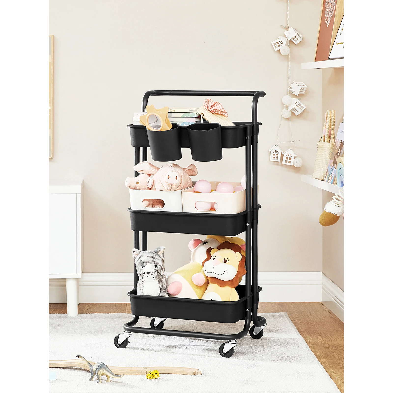 SONGMICS 3-Tier Rolling Cart with Handle, 2 Small Organizers, Steel Frame, Plastic Baskets, Easy Assembly, Bathroom/Laundry