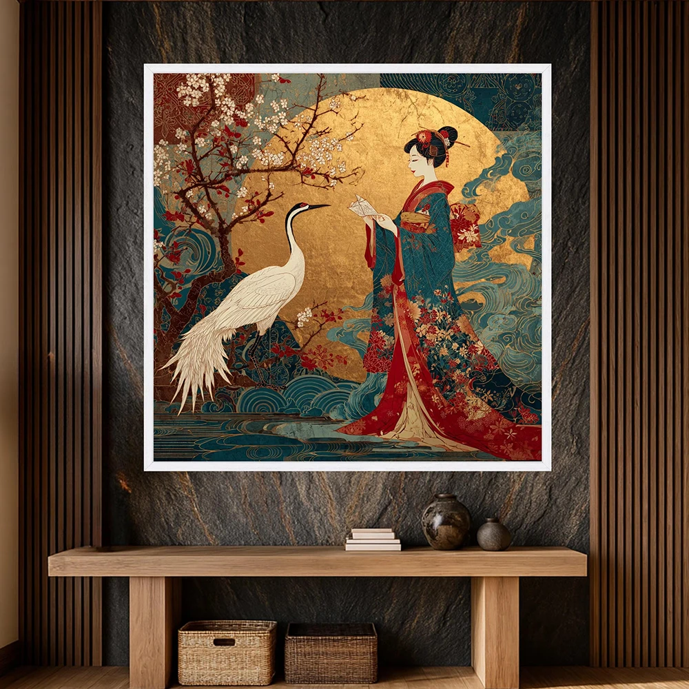 Japan Tradition Geisha and Red Crowned Crane Art Poster Cherry Blossom Kimono Retro Aesthetic Canvas Painting Bedroom Home Decor