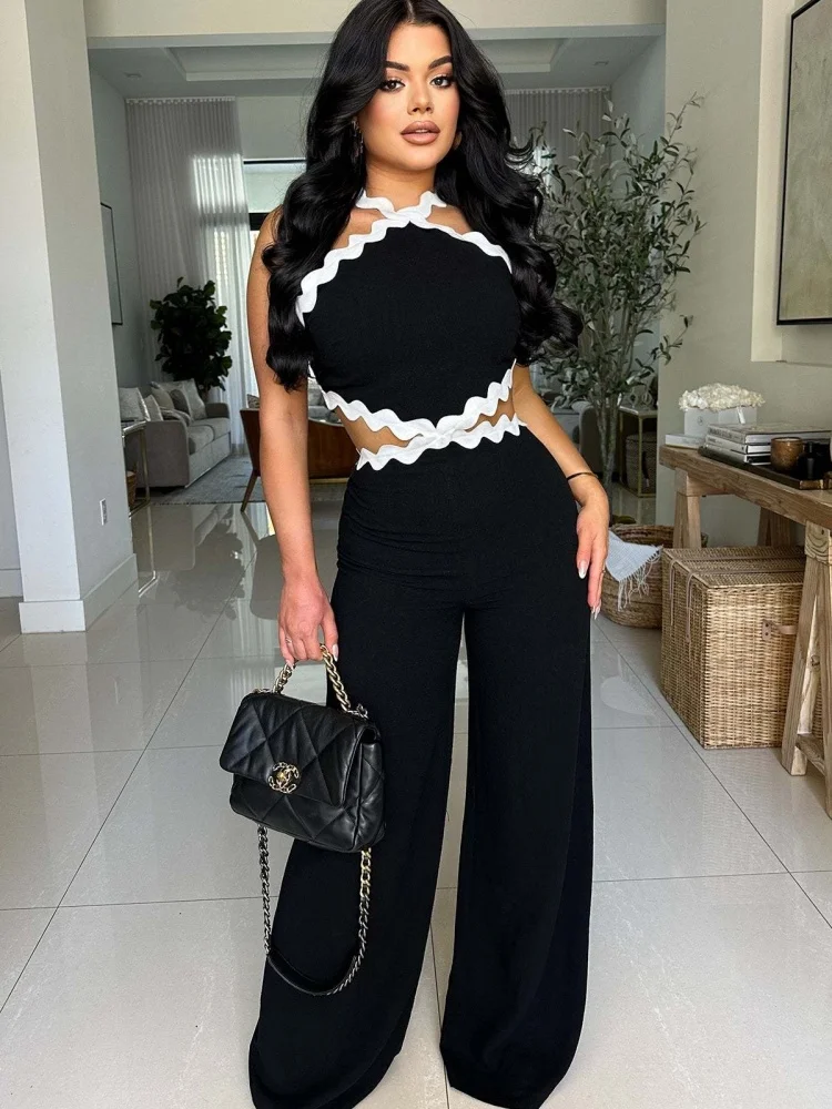 

Wmstar Jumpsuit Women Wholesale Wavy Line Spliced Sleeveless Hollow Out Wide Leg One Piece Sexy Club Outfits Summer New Style