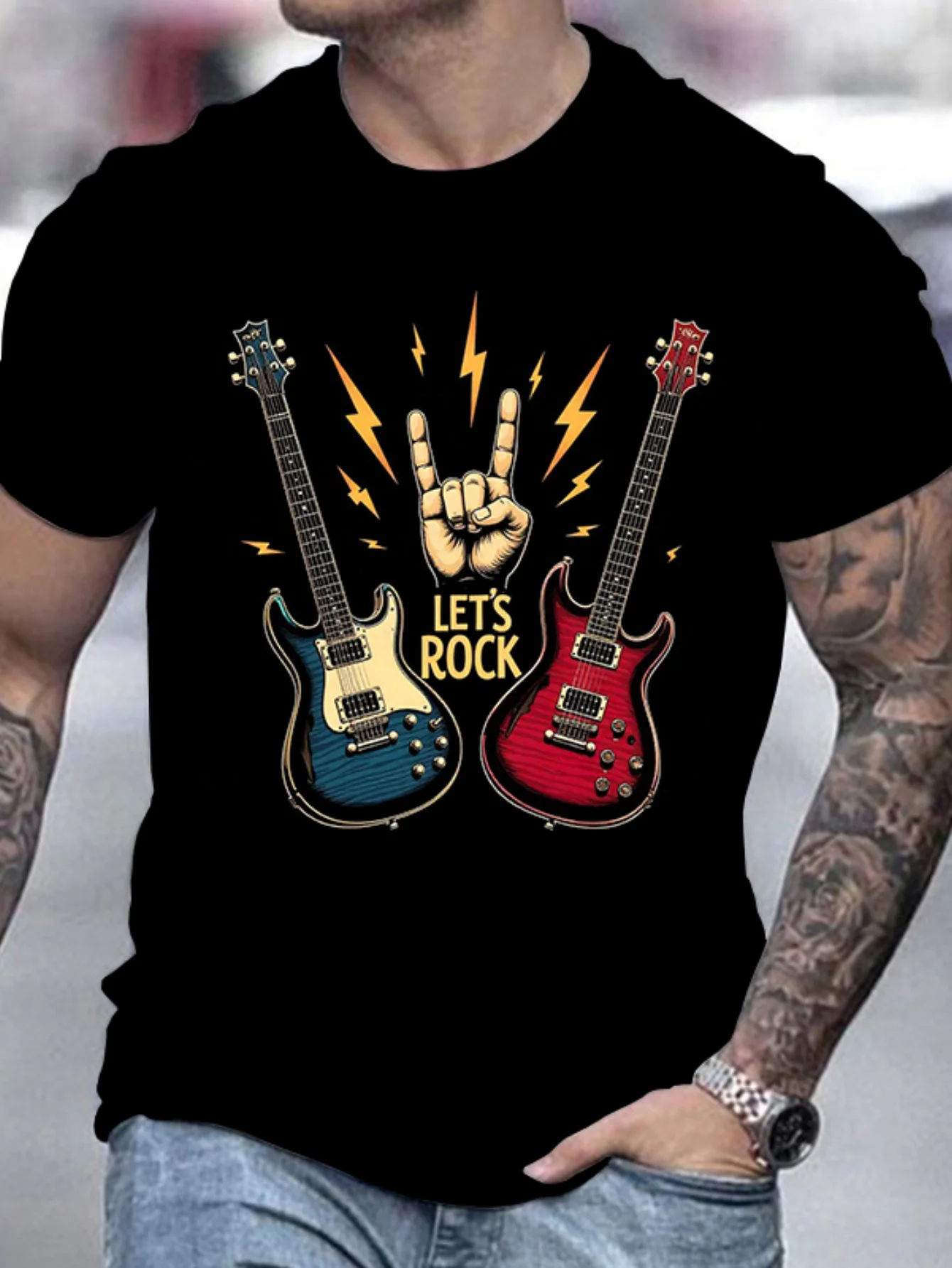 

Guitar Print Men's Casual Let's Rock Guitar Print T Shirt Crew Neck Short Sleeve Top Summer Knit Fabric