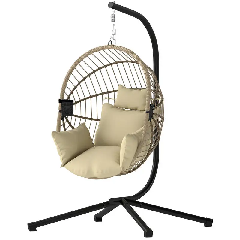 Fauteuil suspendu œuf, chaise hamac balançoire intérieure et extérieure, panier pliable, coussin rembourré, kaki