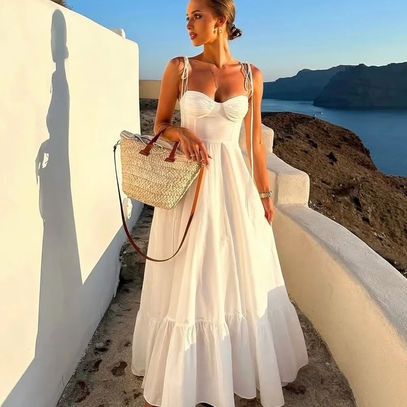 HXAO Slip White Dresses Woman Summer Sleeveless Corset Women\'s Long Dress Ruffle Pleated Backless Dress Beach Holiday Dresses