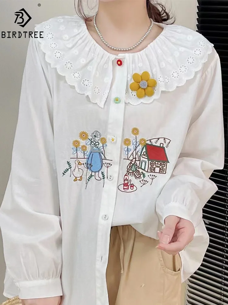 

New Summer Cotton Long Sleeve Shirt Cute Embroidery Top Mori Girl Sweet Fashion Casual Loose Blouse 2024 Autumn T46256QM