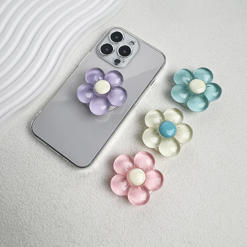 

1pc Transparent Resin Candy-Colored Flower Phone Holder Foldable Desktop Stand Cute Floral Retractable Grip for Mobile Devices