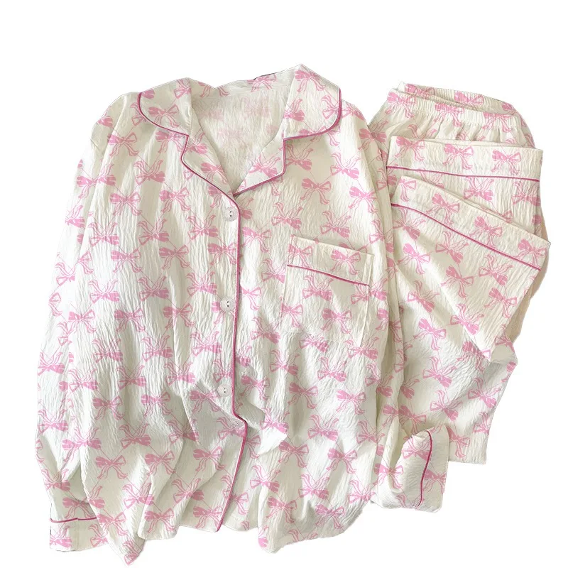 القوس طباعة الخريف والشتاء جديد منامة النساء التلبيب الرقبة الحلو عارضة لينة نوم مجموعة أزرار سترة ملابس خاصة Homewear