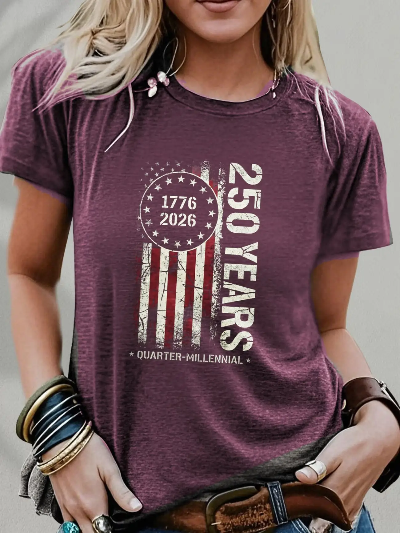 

Plus size women's short sleeve T-shirt American Flag 1776 2026 250 Years Quarter Millennial Spring and Summer Essentials summer