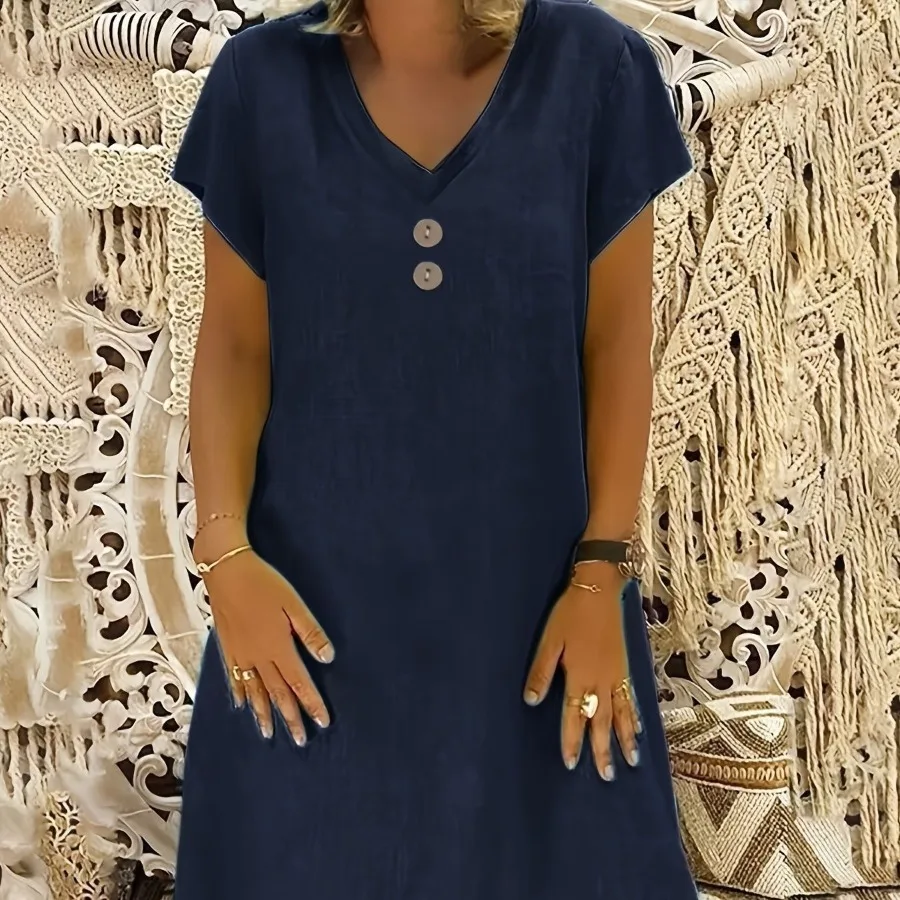 

【New style】2026 European and American summer new V-neck short-sleeved casual pure color cotton linen dress