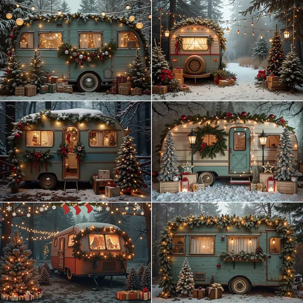 

MOON.QG Christmas RV Camper Backdrop for Photography 2025 Outdoor Pine Tree Motorhome Background Winter Photo Studio Accessories