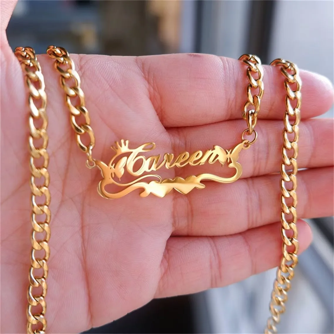 

Custom Butterfly Heart Crown Name Necklace Women Girl Jewelry Stainless Steel Personalized Gold Color Nameplate Pendant Necklace