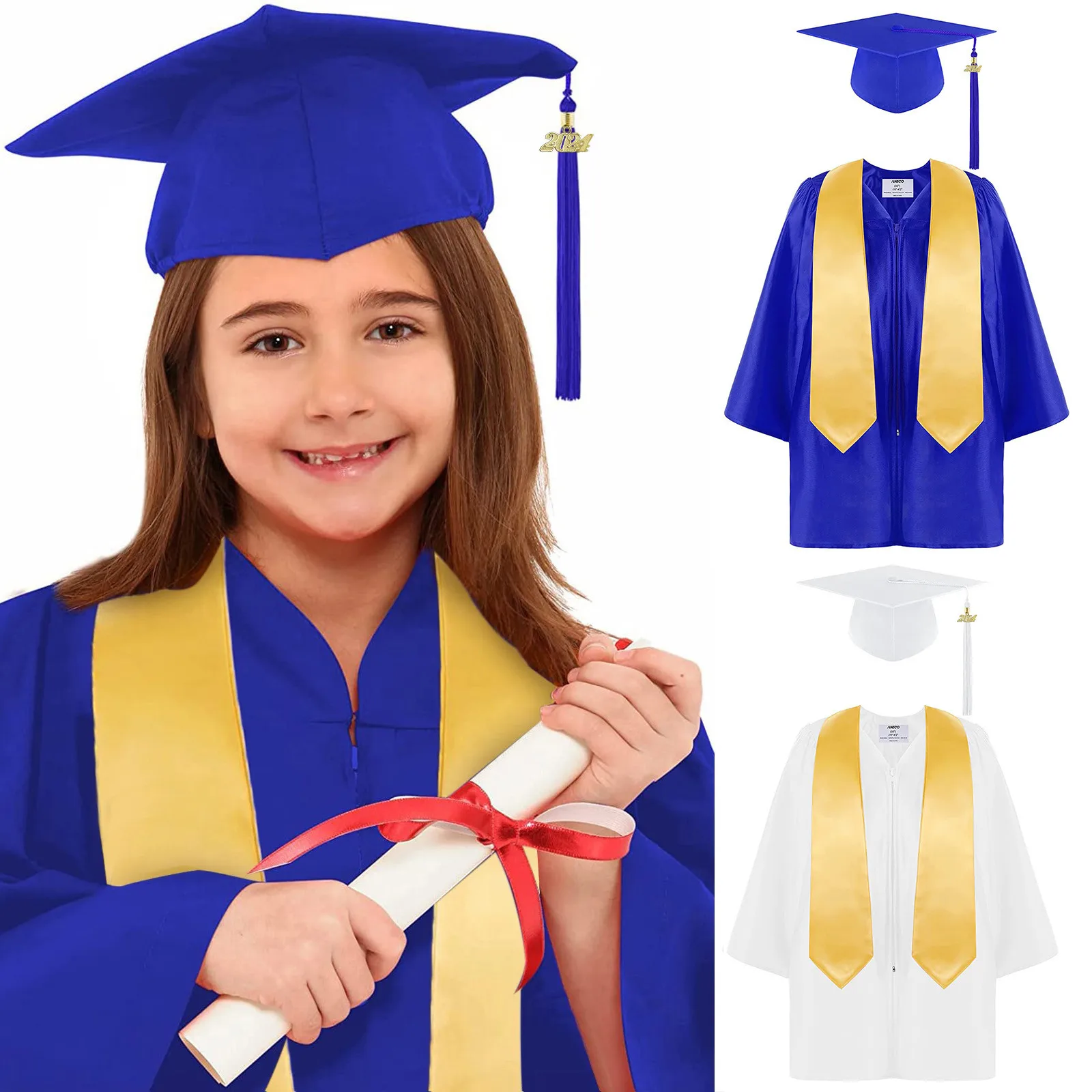 Vestido escolar para niños, uniforme escolar para niños, vestido de graduación para preescolar, conjunto de gorro con borla y chal, 2024