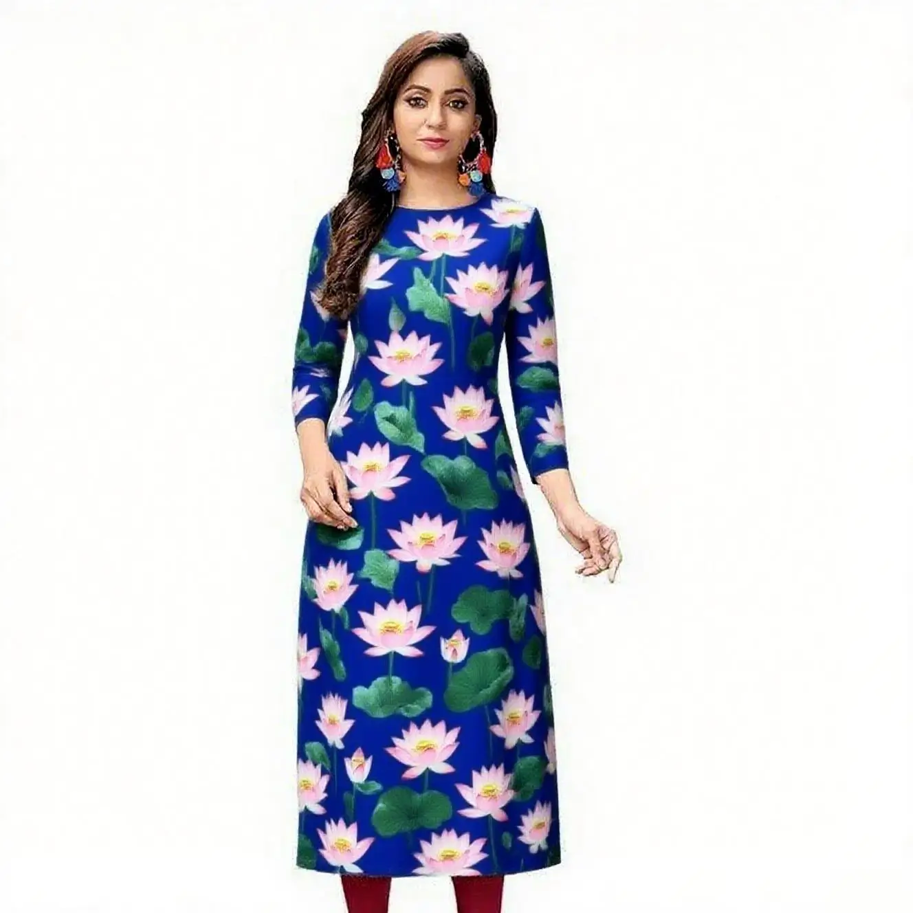 Dress kurt women's fashionable and elegant long sleeved straight tube casual round neck pattern